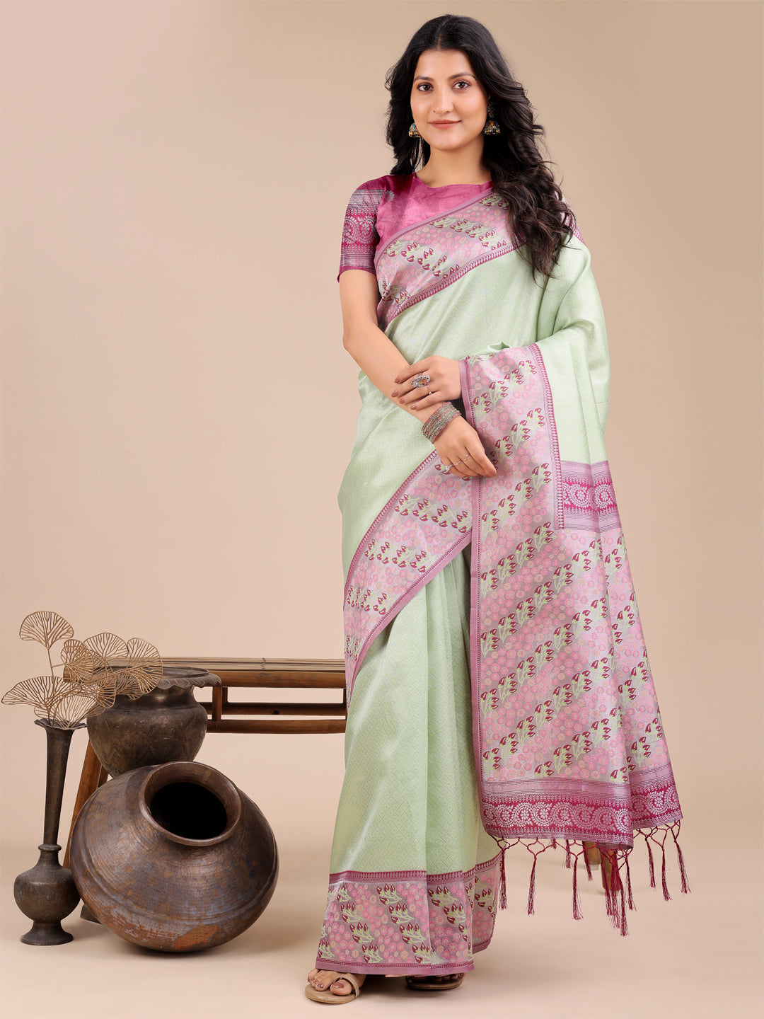Shree Shyam Fashion Radiant Light Green Silk Saree with Pink & Blue Floral Pattern - Perfect for Weddings & Festive Glamour | Grocsy