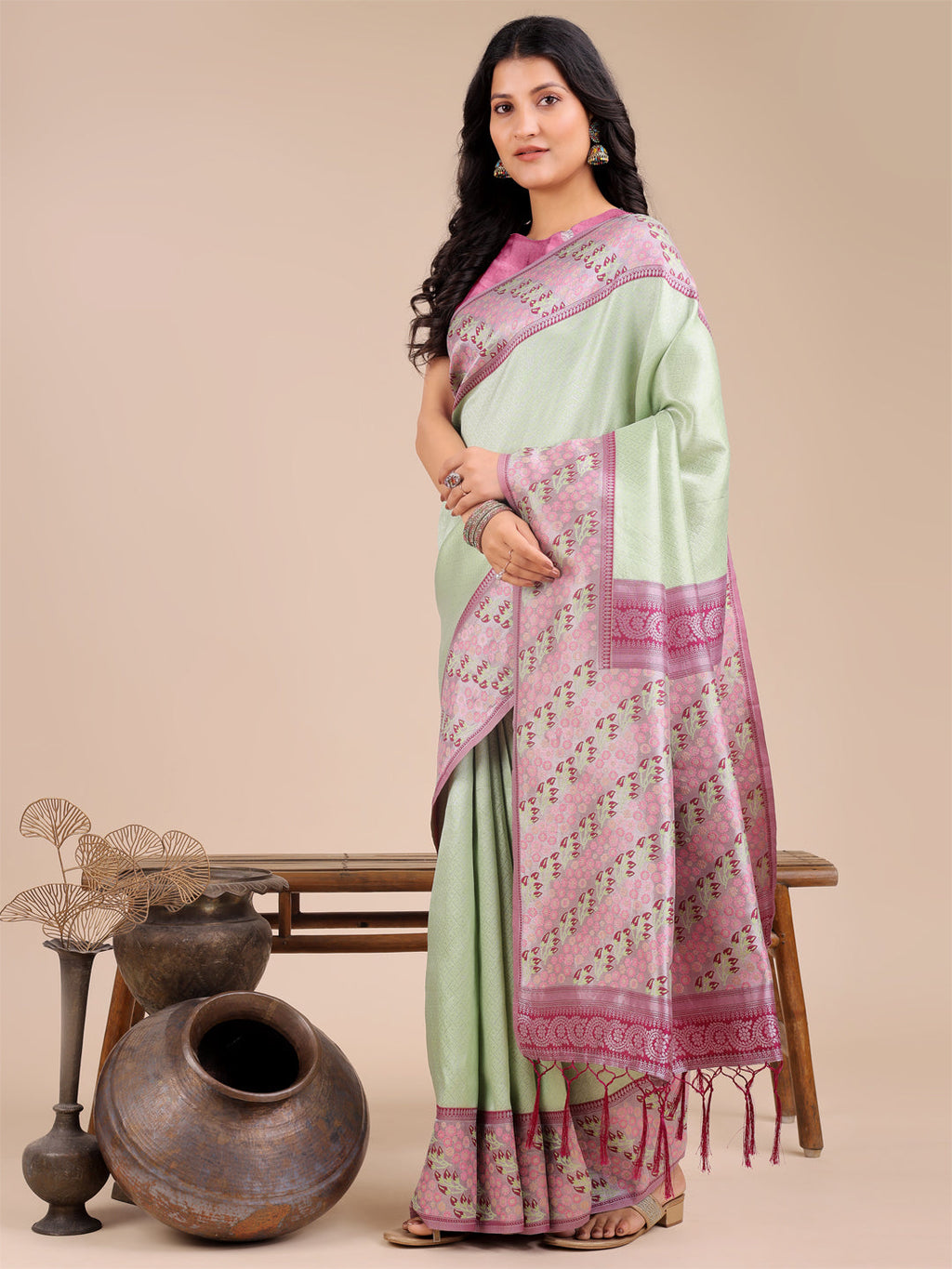 Shree Shyam Fashion Radiant Light Green Silk Saree with Pink & Blue Floral Pattern - Perfect for Weddings & Festive Glamour | Grocsy