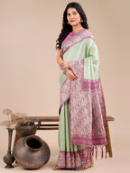 Shree Shyam Fashion Radiant Light Green Silk Saree with Pink & Blue Floral Pattern - Perfect for Weddings & Festive Glamour | Grocsy