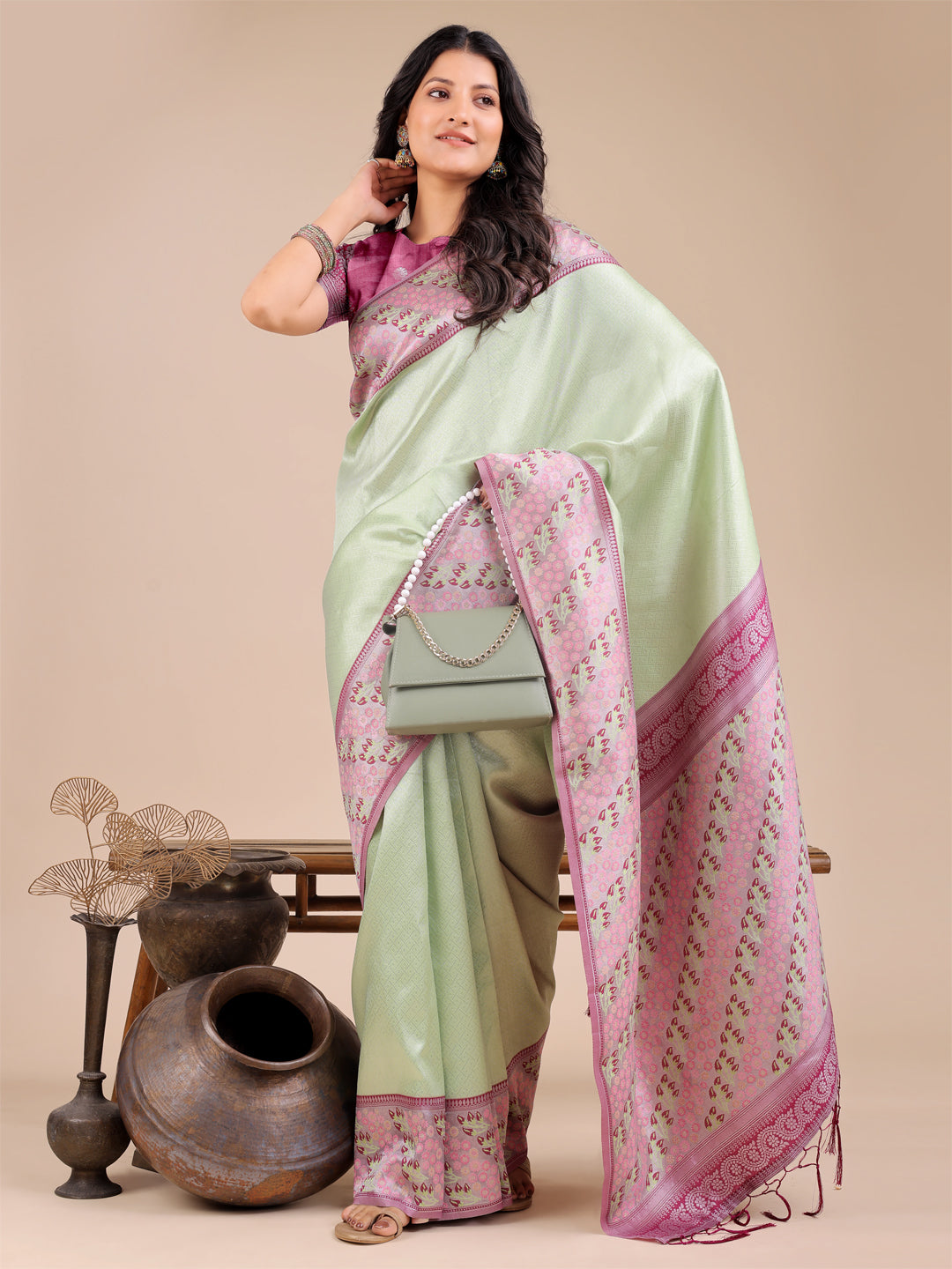 Shree Shyam Fashion Radiant Light Green Silk Saree with Pink & Blue Floral Pattern - Perfect for Weddings & Festive Glamour | Grocsy