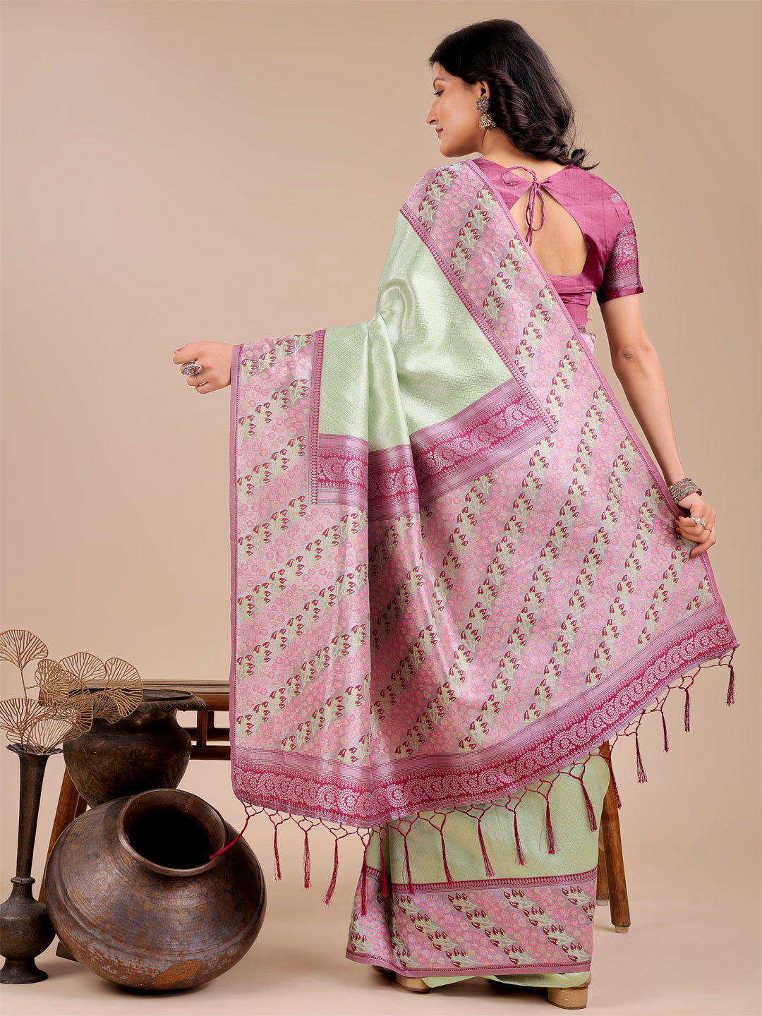 Shree Shyam Fashion Radiant Light Green Silk Saree with Pink & Blue Floral Pattern - Perfect for Weddings & Festive Glamour | Grocsy