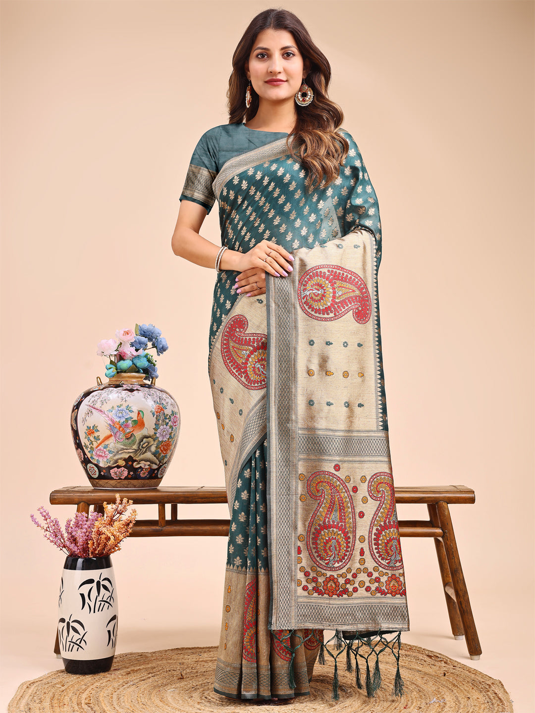 Shree Shyam Fashion Grace in Every Thread - Sea Green & Beige Linen Cotton Saree with Royal Paisley Charm | Grocsy