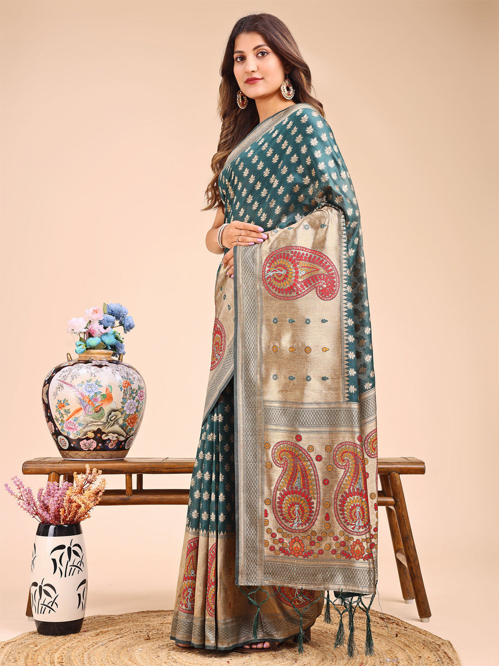 Shree Shyam Fashion Grace in Every Thread - Sea Green & Beige Linen Cotton Saree with Royal Paisley Charm | Grocsy