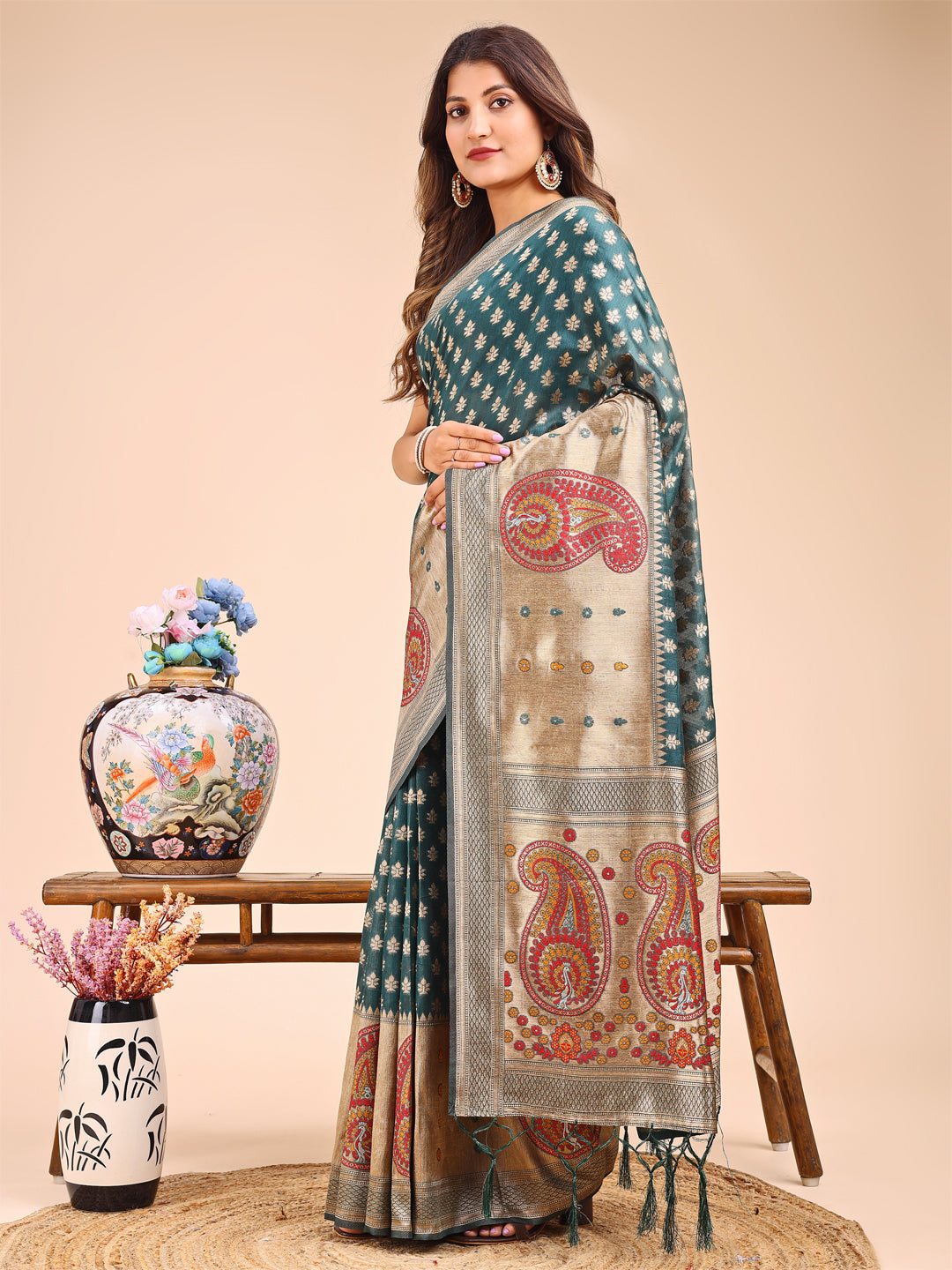 Shree Shyam Fashion Grace in Every Thread - Sea Green & Beige Linen Cotton Saree with Royal Paisley Charm | Grocsy