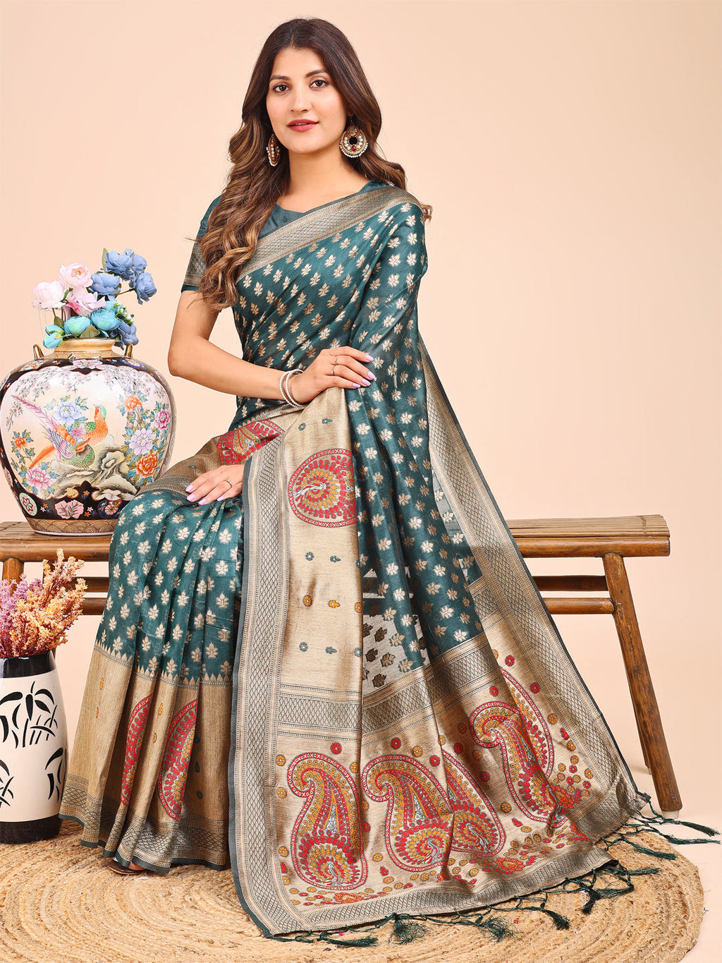 Shree Shyam Fashion Grace in Every Thread - Sea Green & Beige Linen Cotton Saree with Royal Paisley Charm | Grocsy