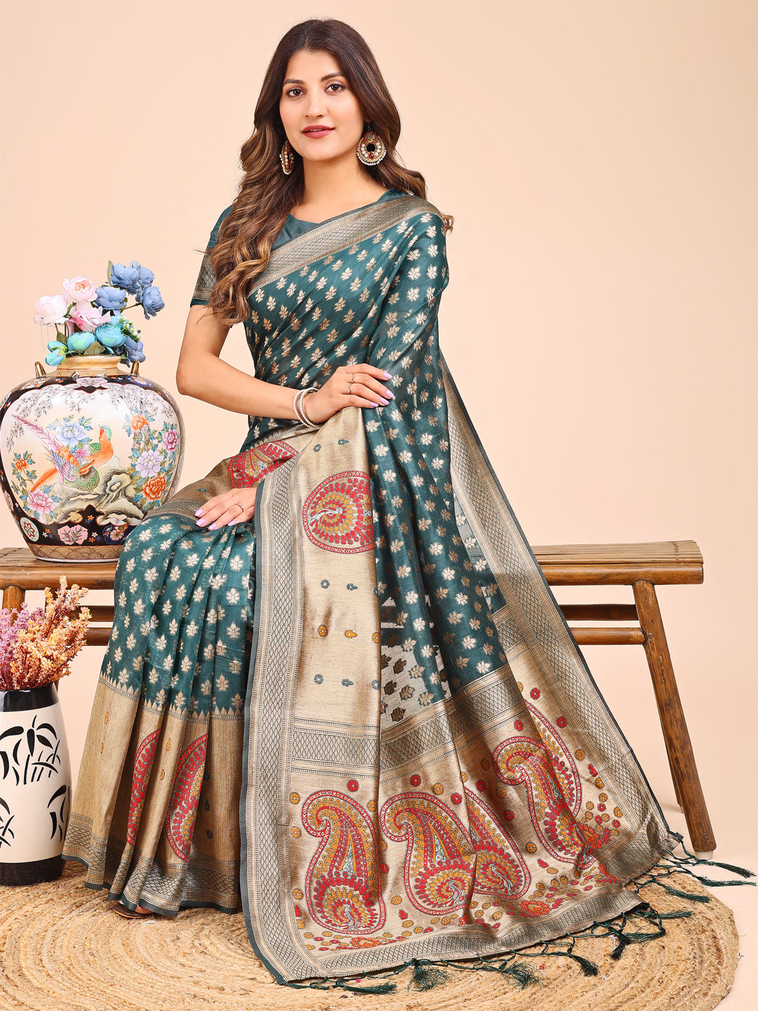 Shree Shyam Fashion Grace in Every Thread - Sea Green & Beige Linen Cotton Saree with Royal Paisley Charm | Grocsy