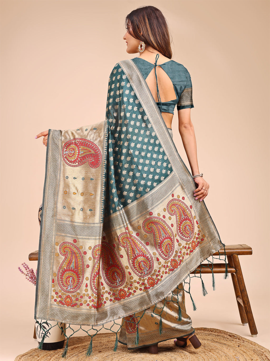 Shree Shyam Fashion Grace in Every Thread - Sea Green & Beige Linen Cotton Saree with Royal Paisley Charm | Grocsy