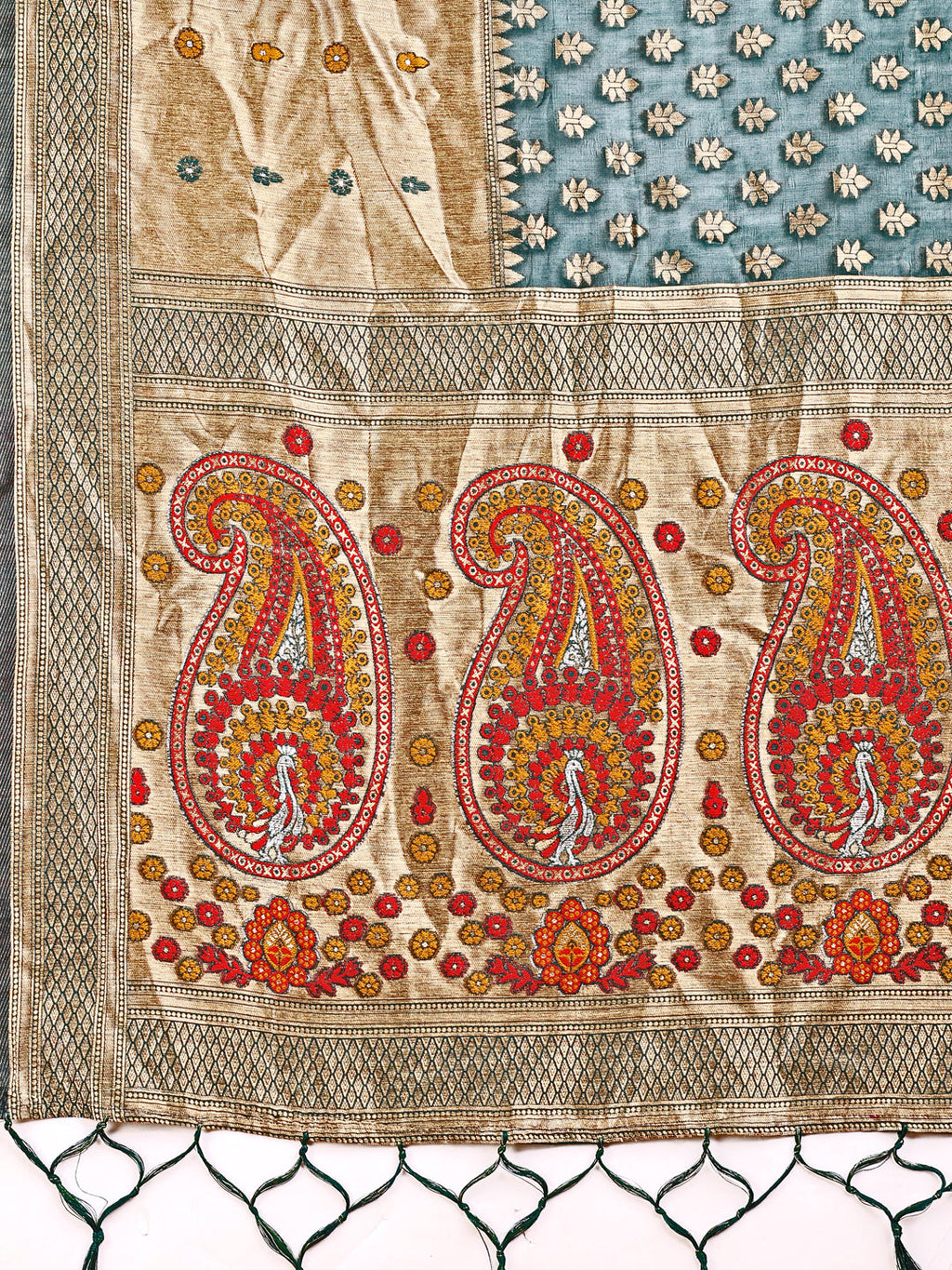 Shree Shyam Fashion Grace in Every Thread - Sea Green & Beige Linen Cotton Saree with Royal Paisley Charm | Grocsy