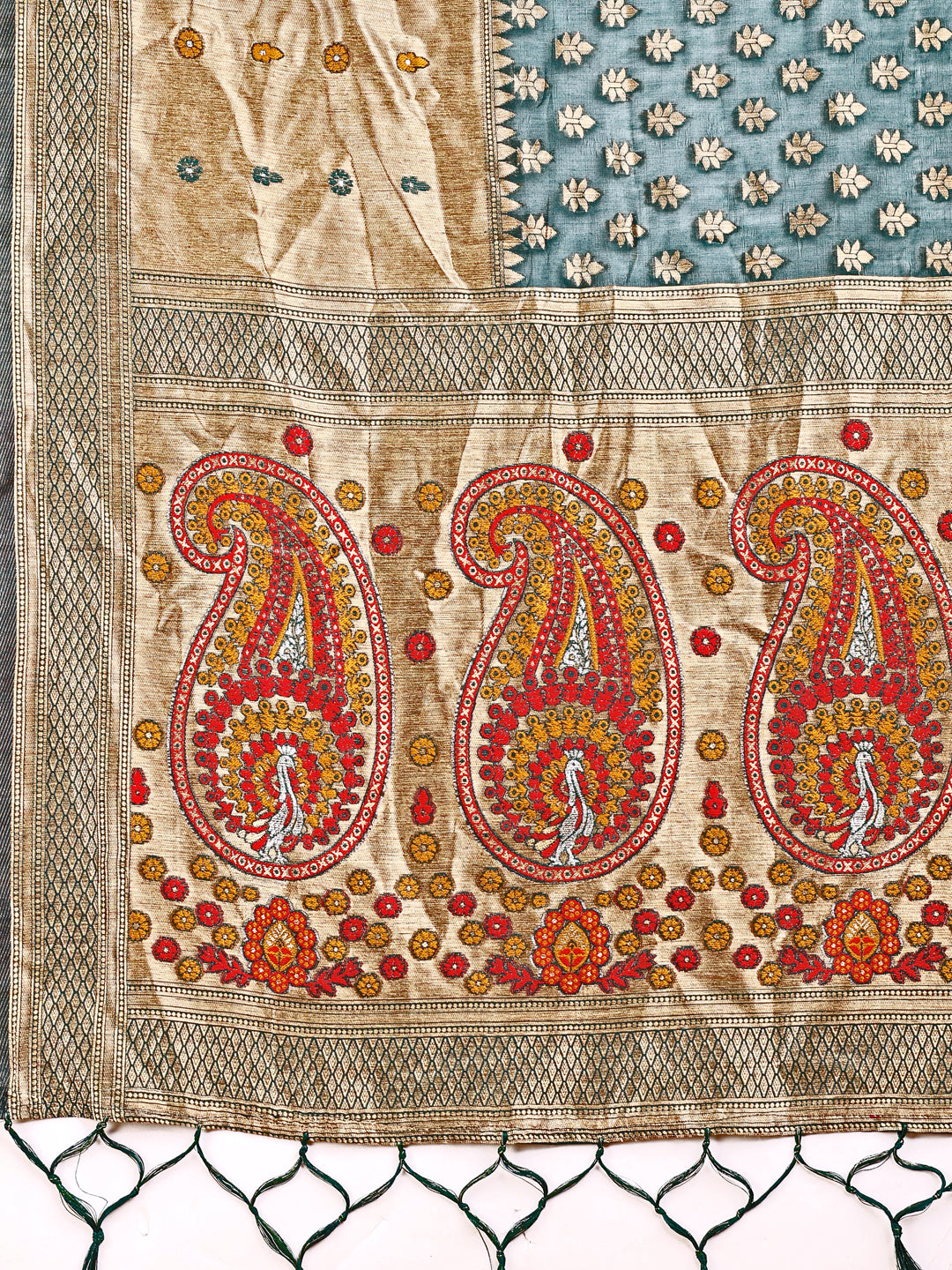 Shree Shyam Fashion Grace in Every Thread - Sea Green & Beige Linen Cotton Saree with Royal Paisley Charm | Grocsy