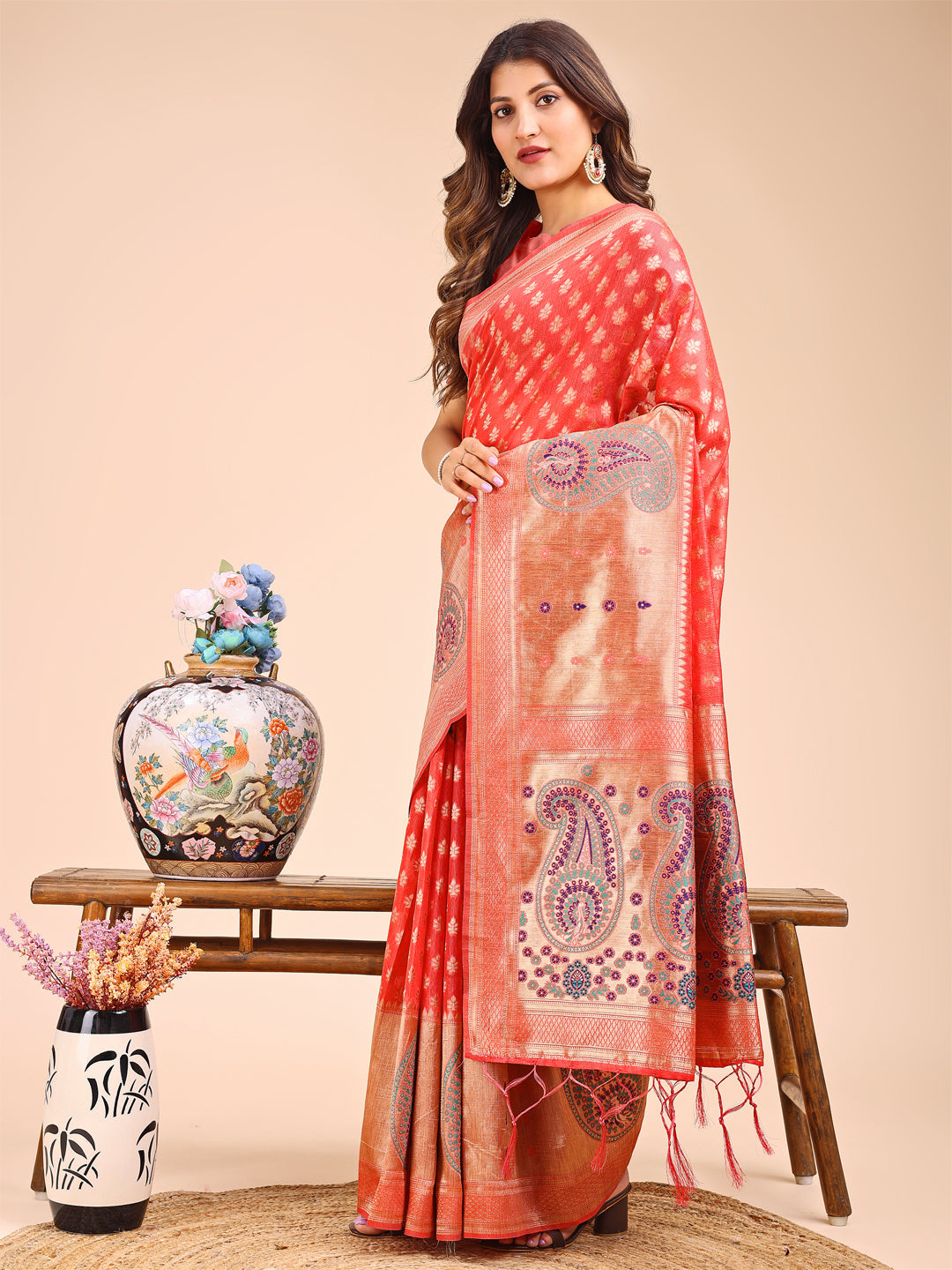 Shree Shyam Fashion Grace in Every Thread - Peach & Beige Linen Cotton Saree with Royal Paisley Charm | Grocsy