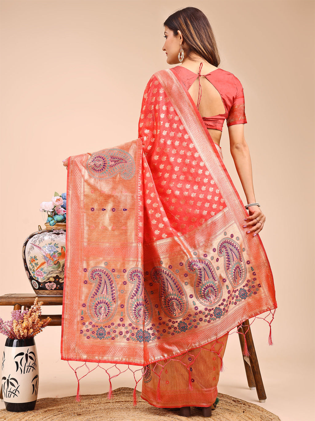 Shree Shyam Fashion Grace in Every Thread - Peach & Beige Linen Cotton Saree with Royal Paisley Charm | Grocsy