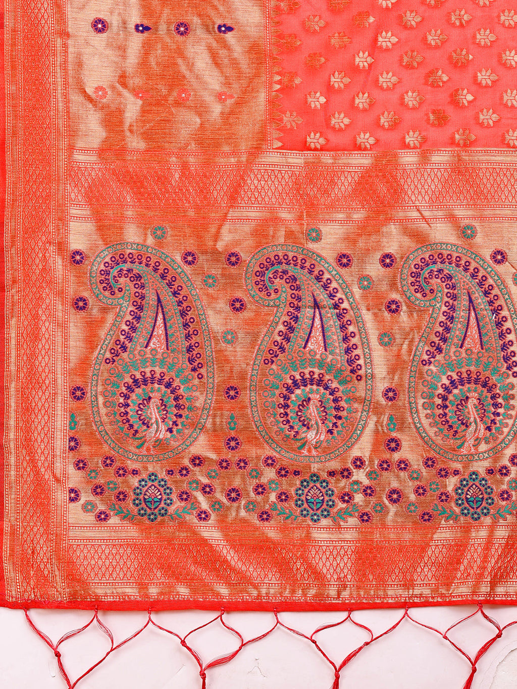 Shree Shyam Fashion Grace in Every Thread - Peach & Beige Linen Cotton Saree with Royal Paisley Charm | Grocsy
