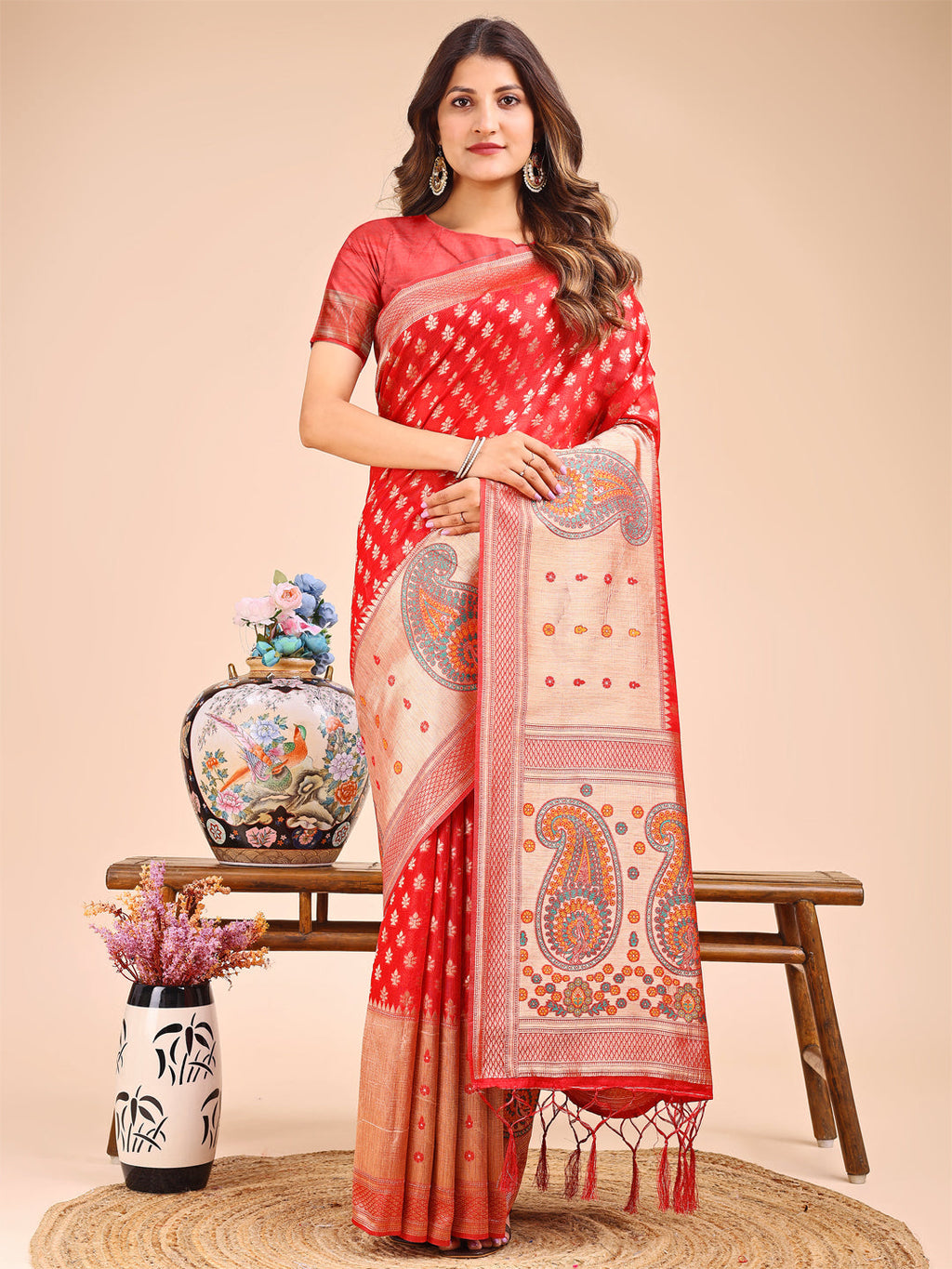 Shree Shyam Fashion Grace in Every Thread - Red & Beige Linen Cotton Saree with Royal Paisley Charm | Grocsy