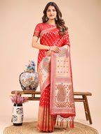 Shree Shyam Fashion Grace in Every Thread - Red & Beige Linen Cotton Saree with Royal Paisley Charm | Grocsy