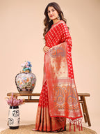 Shree Shyam Fashion Grace in Every Thread - Red & Beige Linen Cotton Saree with Royal Paisley Charm | Grocsy