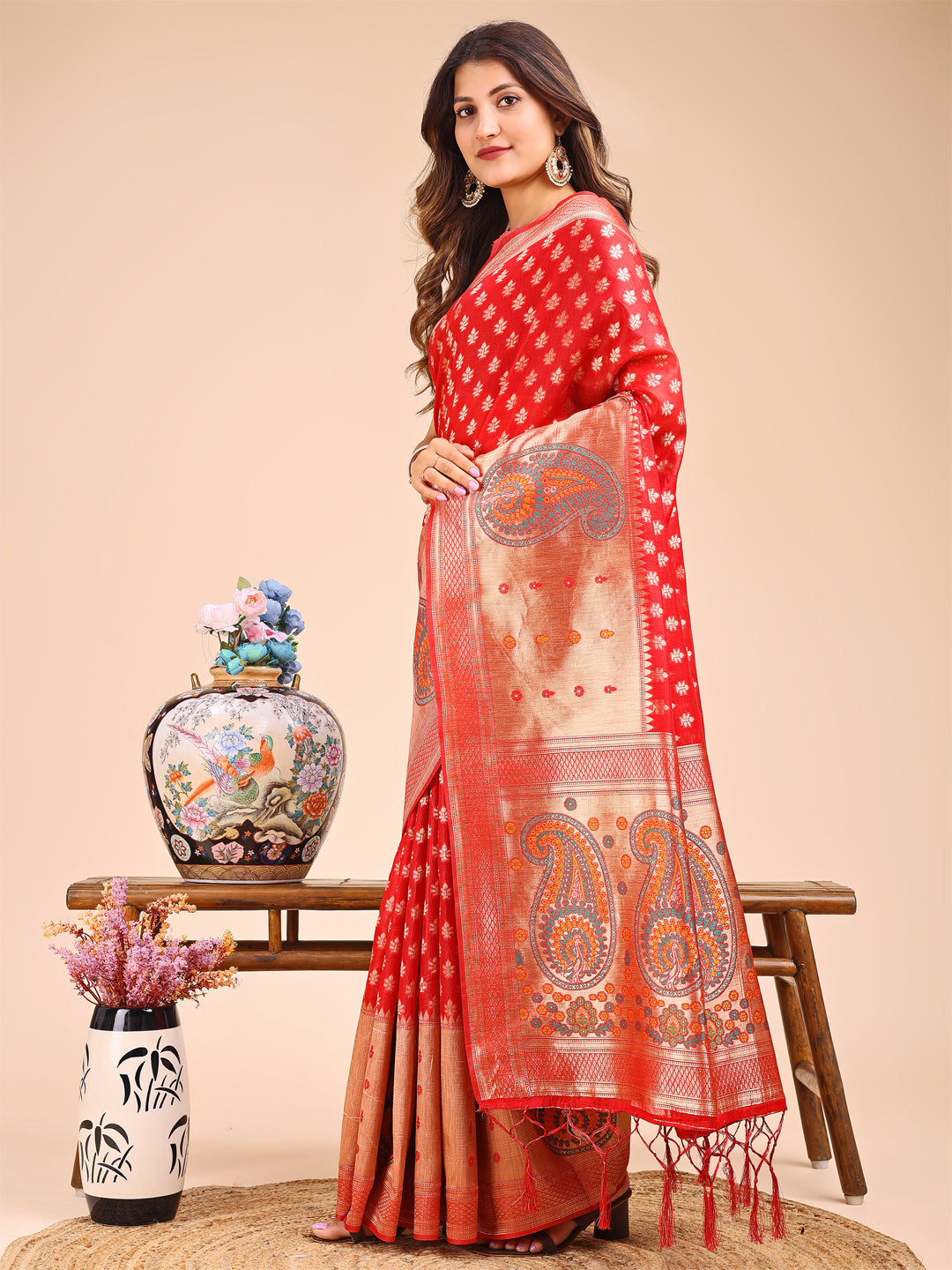 Shree Shyam Fashion Grace in Every Thread - Red & Beige Linen Cotton Saree with Royal Paisley Charm | Grocsy