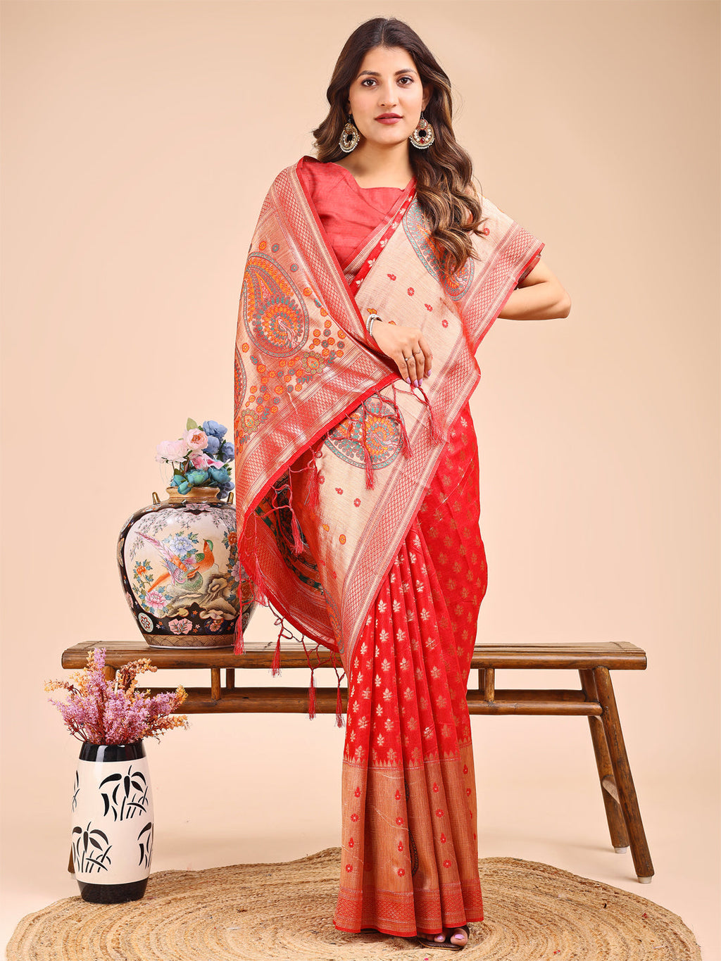 Shree Shyam Fashion Grace in Every Thread - Red & Beige Linen Cotton Saree with Royal Paisley Charm | Grocsy