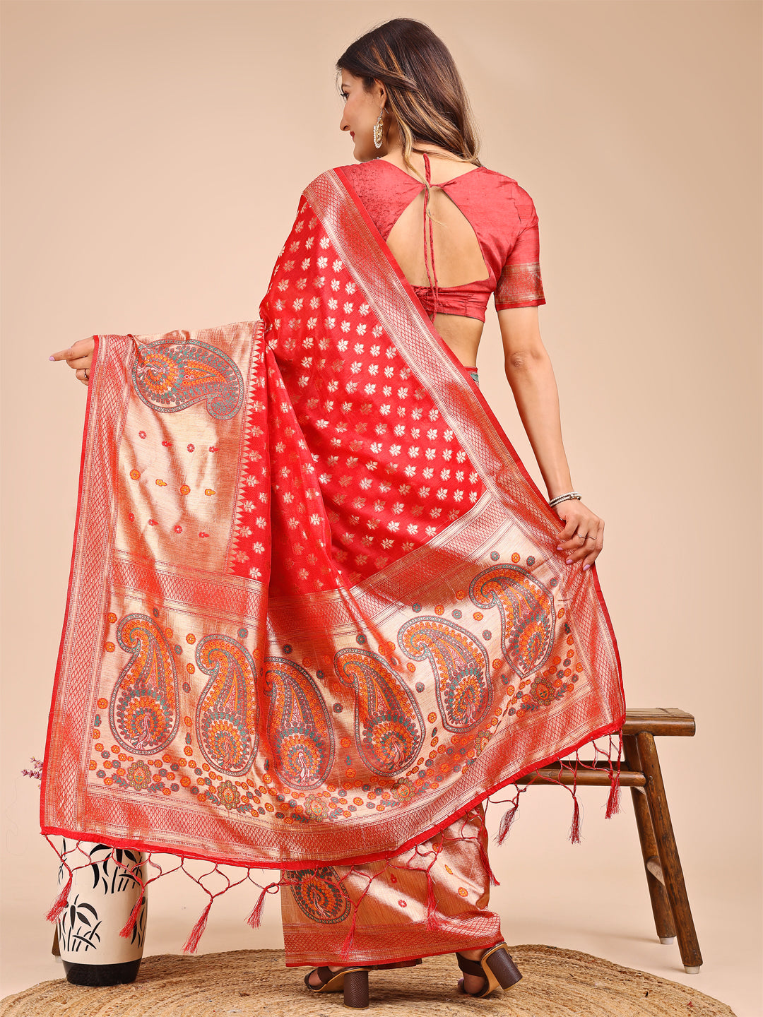 Shree Shyam Fashion Grace in Every Thread - Red & Beige Linen Cotton Saree with Royal Paisley Charm | Grocsy