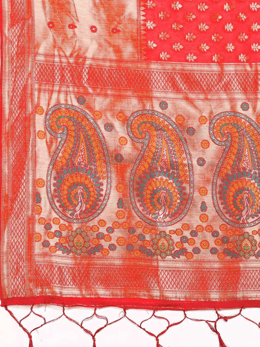 Shree Shyam Fashion Grace in Every Thread - Red & Beige Linen Cotton Saree with Royal Paisley Charm | Grocsy