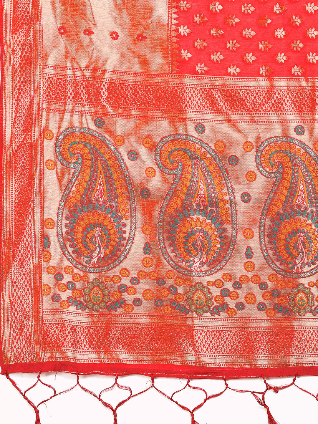 Shree Shyam Fashion Grace in Every Thread - Red & Beige Linen Cotton Saree with Royal Paisley Charm | Grocsy