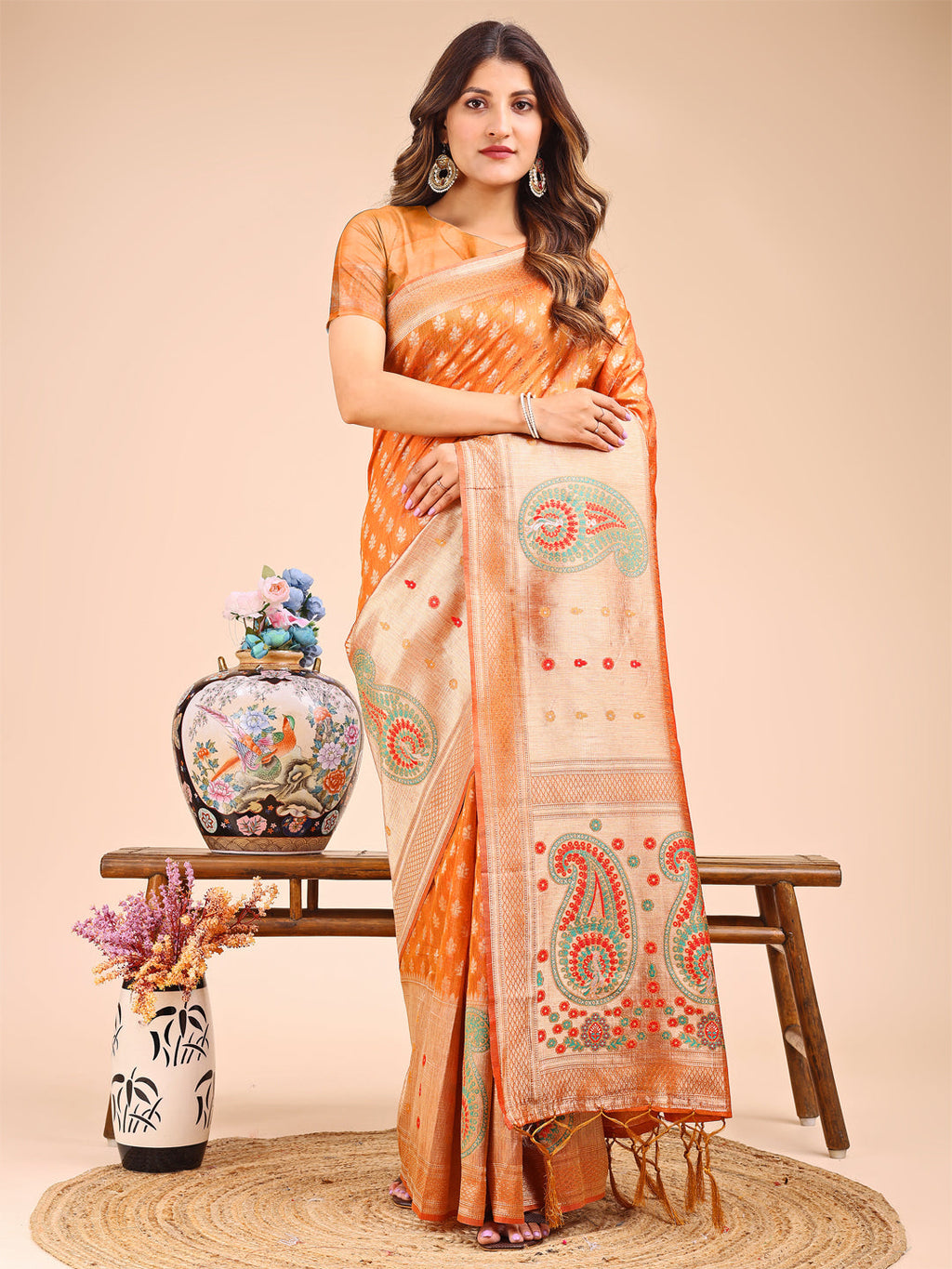 Shree Shyam Fashion Grace in Every Thread - Mustard & Beige Linen Cotton Saree with Royal Paisley Charm | Grocsy