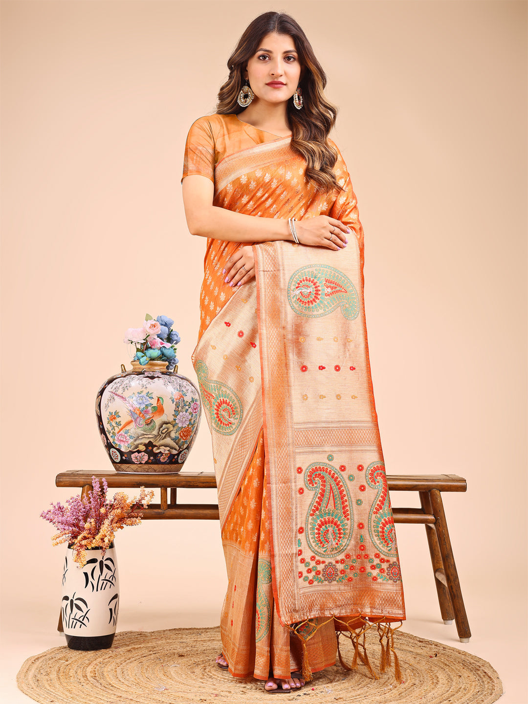 Shree Shyam Fashion Grace in Every Thread - Mustard & Beige Linen Cotton Saree with Royal Paisley Charm | Grocsy