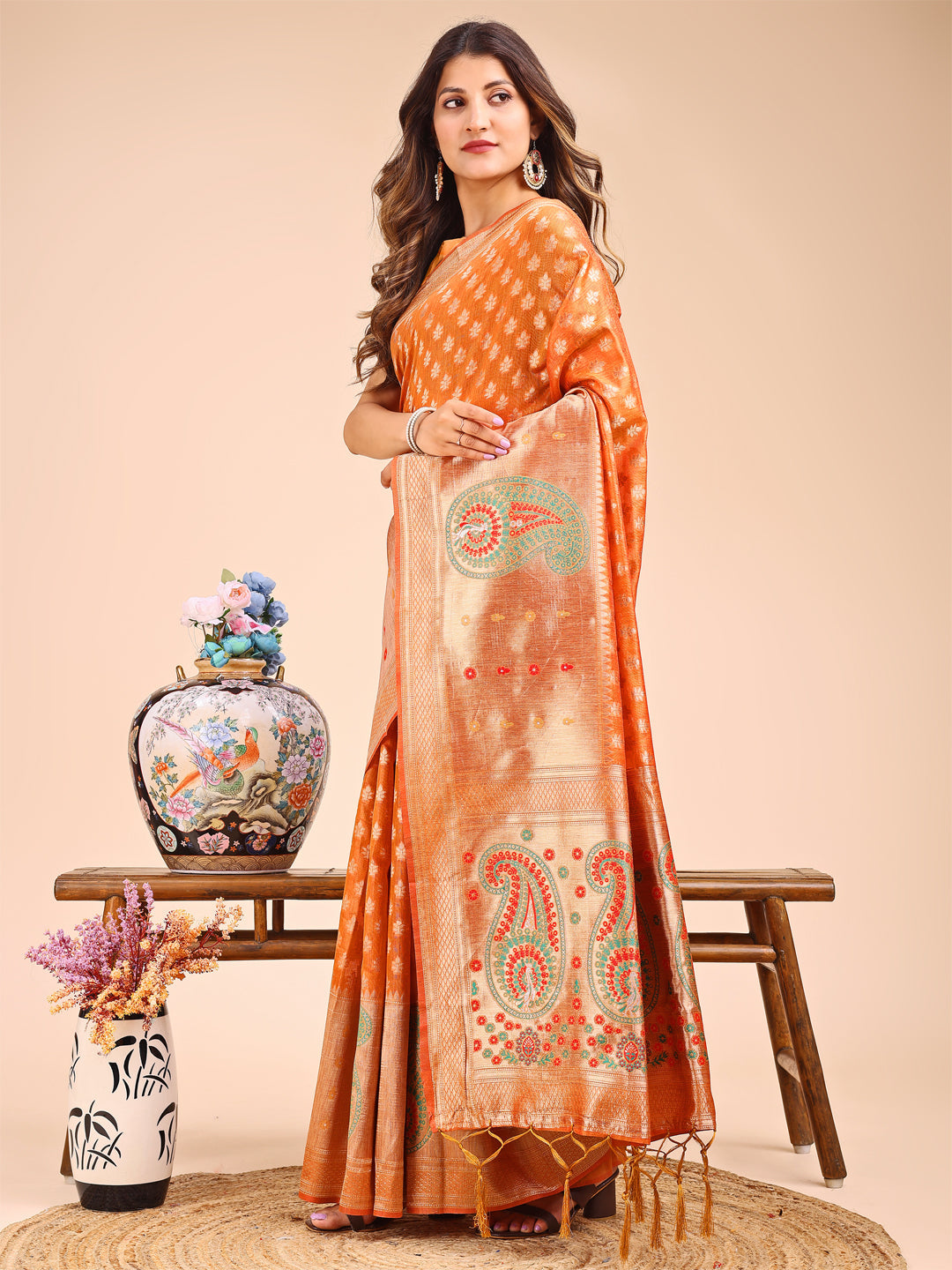 Shree Shyam Fashion Grace in Every Thread - Mustard & Beige Linen Cotton Saree with Royal Paisley Charm | Grocsy