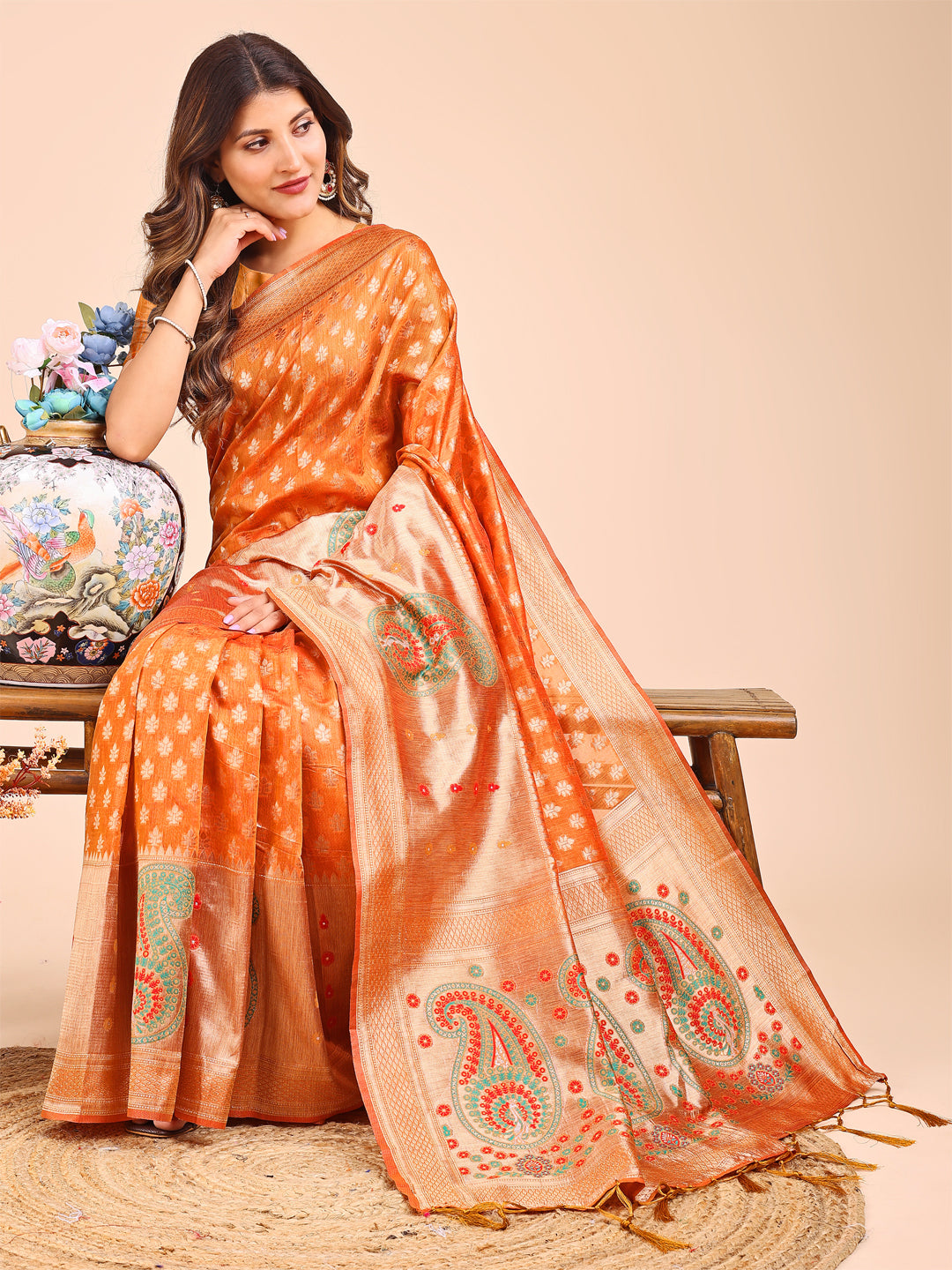 Shree Shyam Fashion Grace in Every Thread - Mustard & Beige Linen Cotton Saree with Royal Paisley Charm | Grocsy