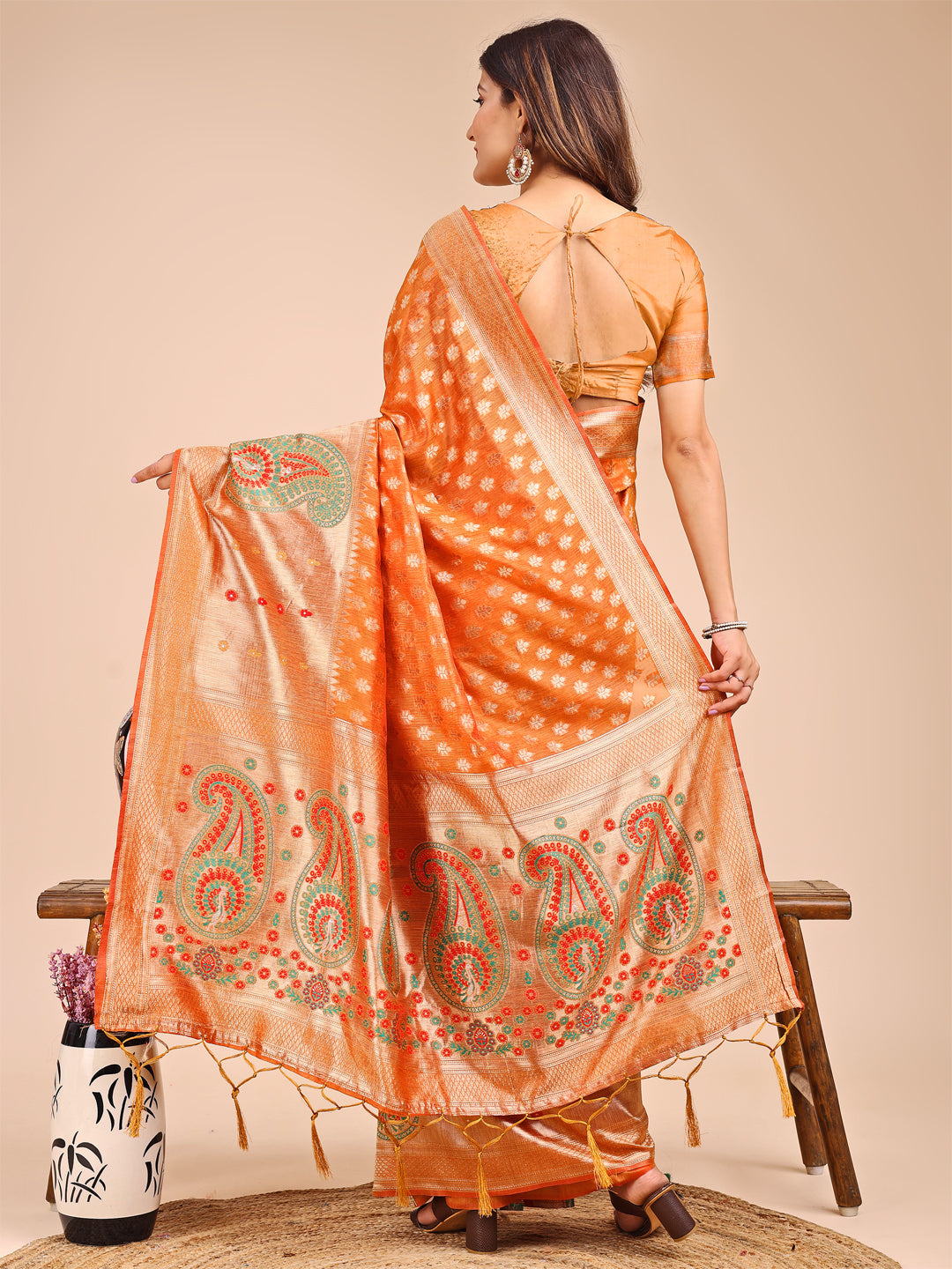 Shree Shyam Fashion Grace in Every Thread - Mustard & Beige Linen Cotton Saree with Royal Paisley Charm | Grocsy