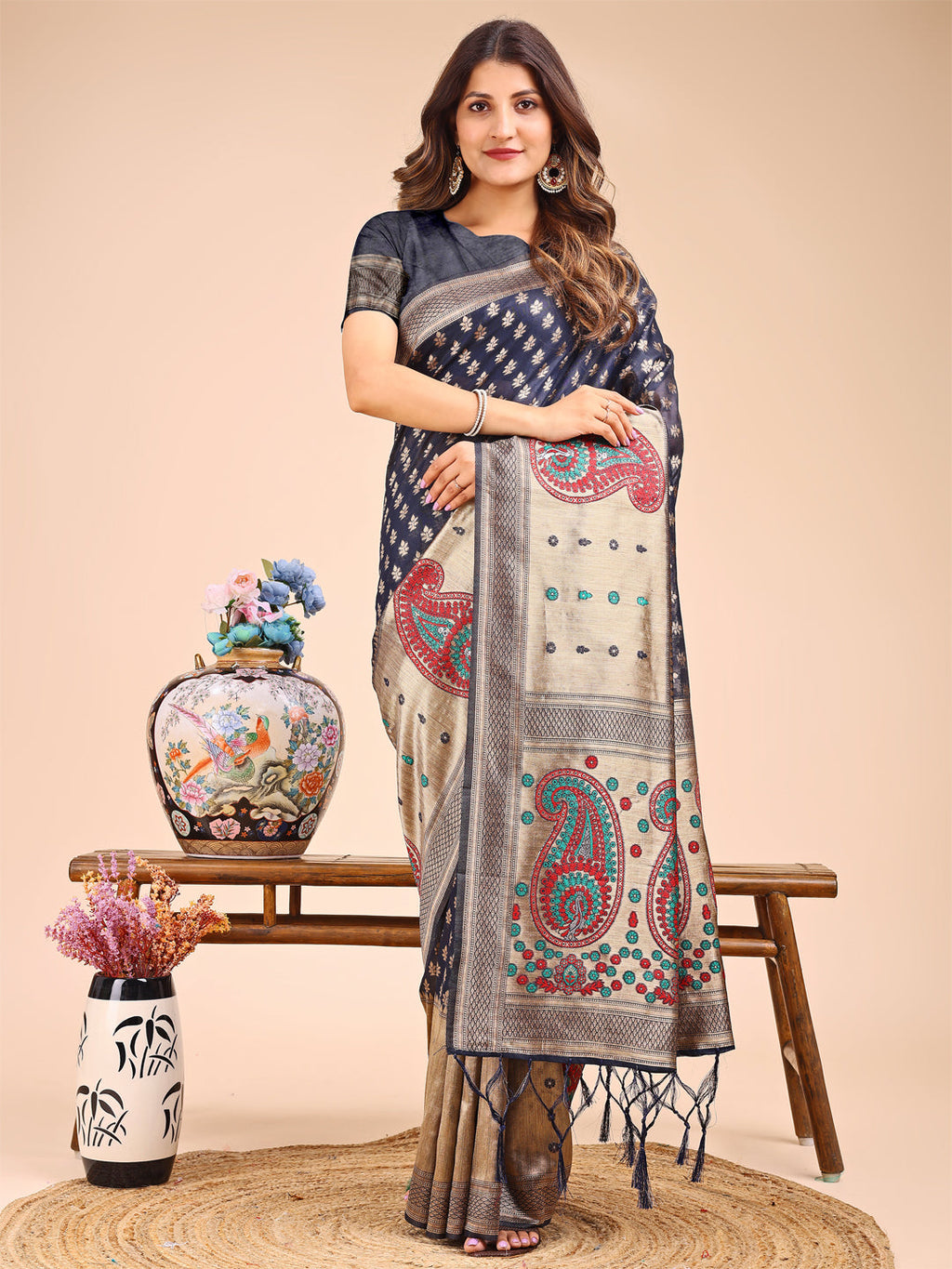 Shree Shyam Fashion Grace in Every Thread - Navy Blue & Beige Linen Cotton Saree with Royal Paisley Charm | Grocsy