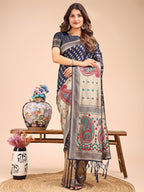 Shree Shyam Fashion Grace in Every Thread - Navy Blue & Beige Linen Cotton Saree with Royal Paisley Charm | Grocsy