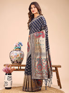 Shree Shyam Fashion Grace in Every Thread - Navy Blue & Beige Linen Cotton Saree with Royal Paisley Charm | Grocsy