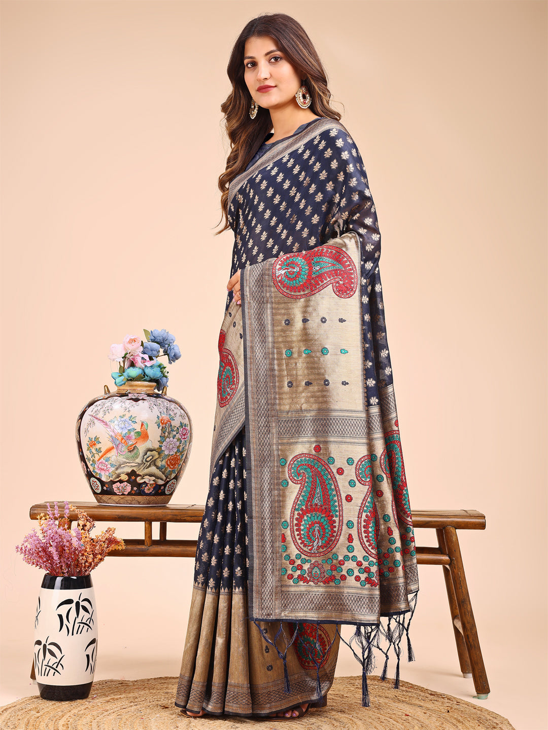 Shree Shyam Fashion Grace in Every Thread - Navy Blue & Beige Linen Cotton Saree with Royal Paisley Charm | Grocsy