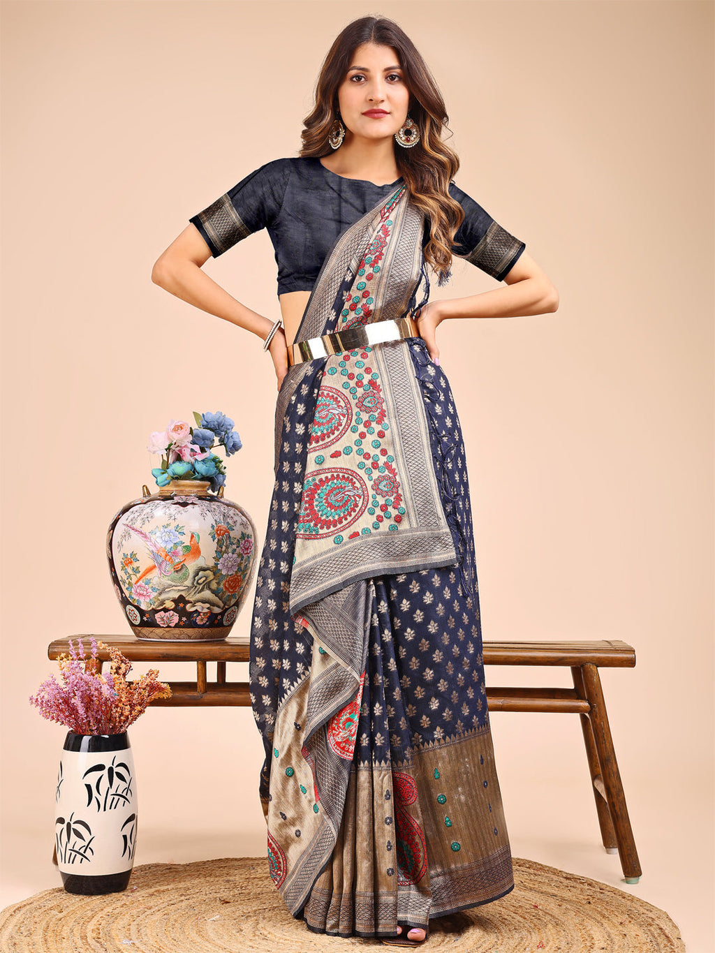 Shree Shyam Fashion Grace in Every Thread - Navy Blue & Beige Linen Cotton Saree with Royal Paisley Charm | Grocsy