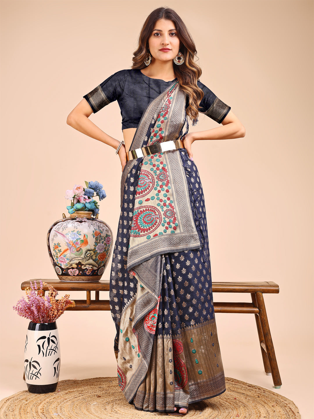 Shree Shyam Fashion Grace in Every Thread - Navy Blue & Beige Linen Cotton Saree with Royal Paisley Charm | Grocsy