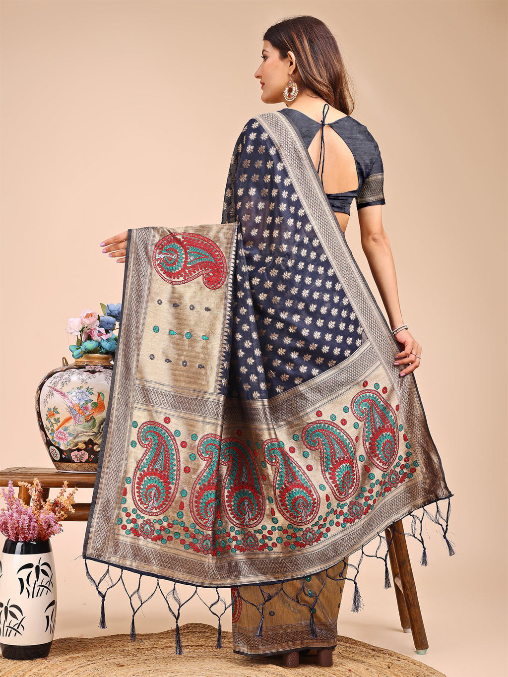 Shree Shyam Fashion Grace in Every Thread - Navy Blue & Beige Linen Cotton Saree with Royal Paisley Charm | Grocsy