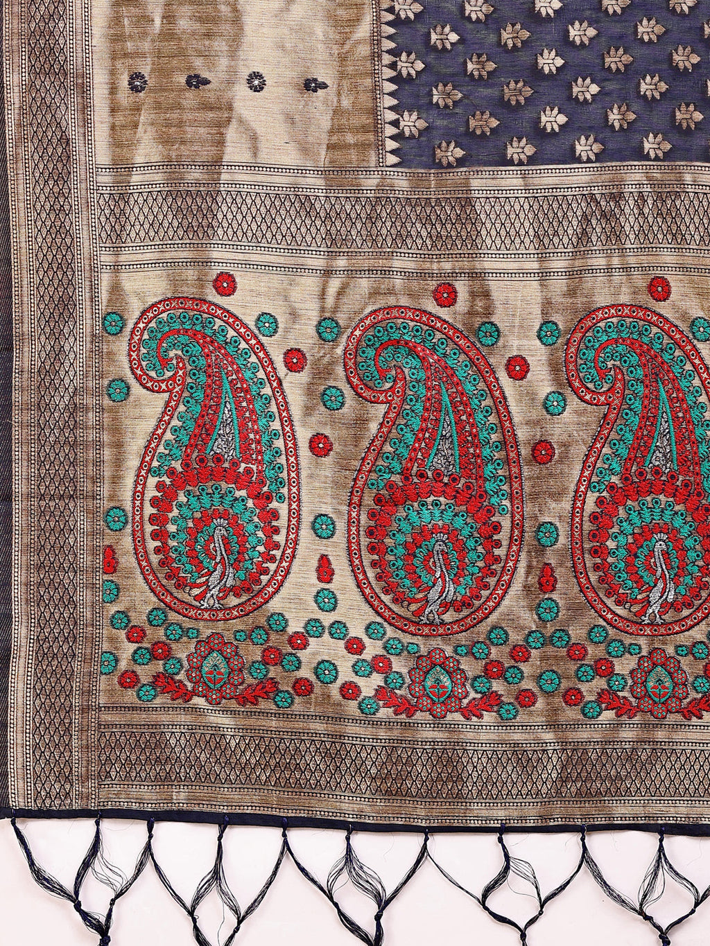Shree Shyam Fashion Grace in Every Thread - Navy Blue & Beige Linen Cotton Saree with Royal Paisley Charm | Grocsy