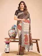 Shree Shyam Fashion Grace in Every Thread - Brown & Beige Linen Cotton Saree with Royal Paisley Charm | Grocsy