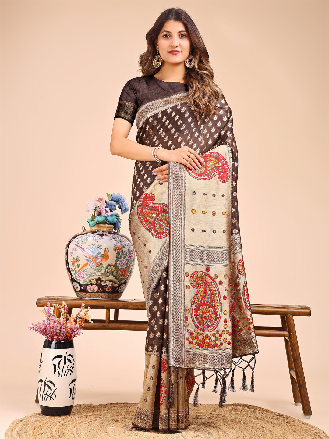 Shree Shyam Fashion Grace in Every Thread - Brown & Beige Linen Cotton Saree with Royal Paisley Charm | Grocsy