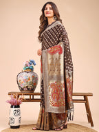 Shree Shyam Fashion Grace in Every Thread - Brown & Beige Linen Cotton Saree with Royal Paisley Charm | Grocsy