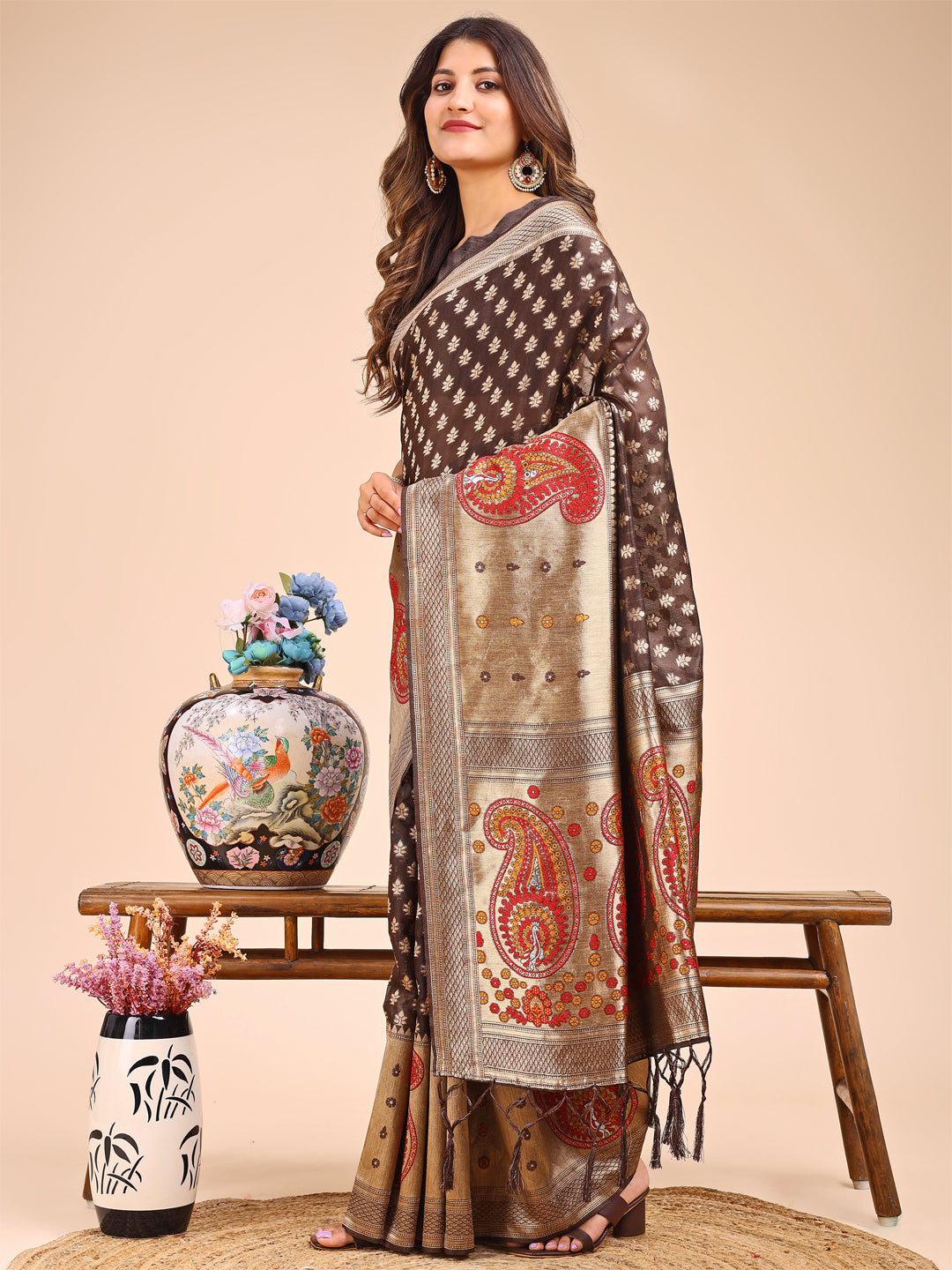 Shree Shyam Fashion Grace in Every Thread - Brown & Beige Linen Cotton Saree with Royal Paisley Charm | Grocsy