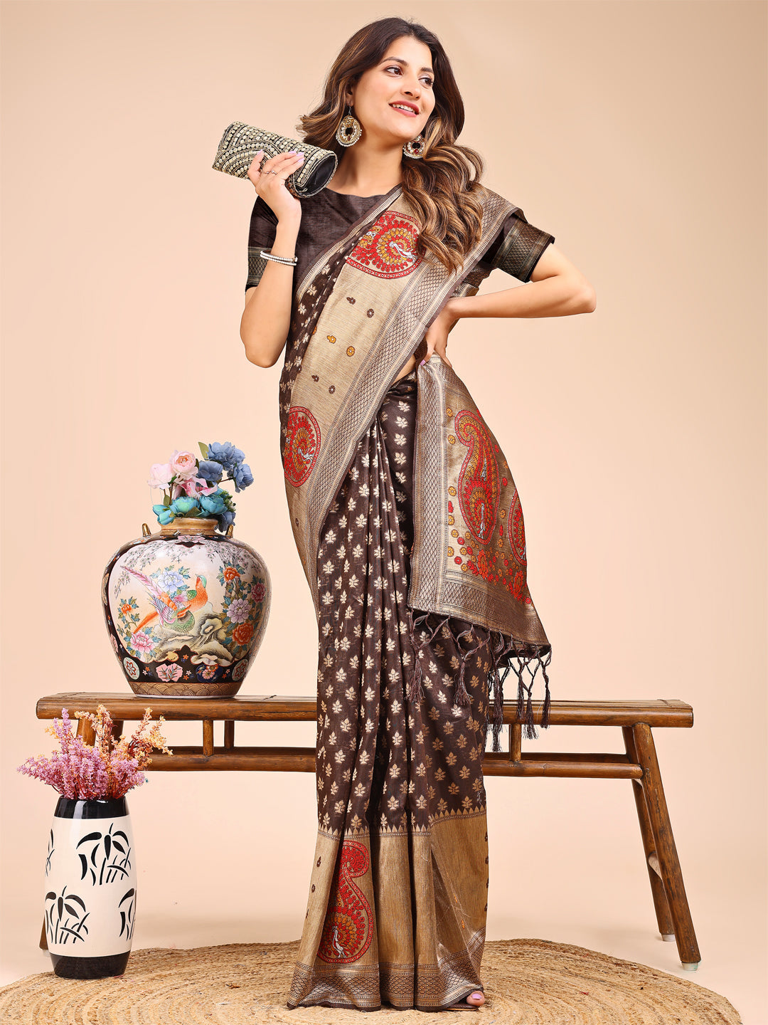 Shree Shyam Fashion Grace in Every Thread - Brown & Beige Linen Cotton Saree with Royal Paisley Charm | Grocsy