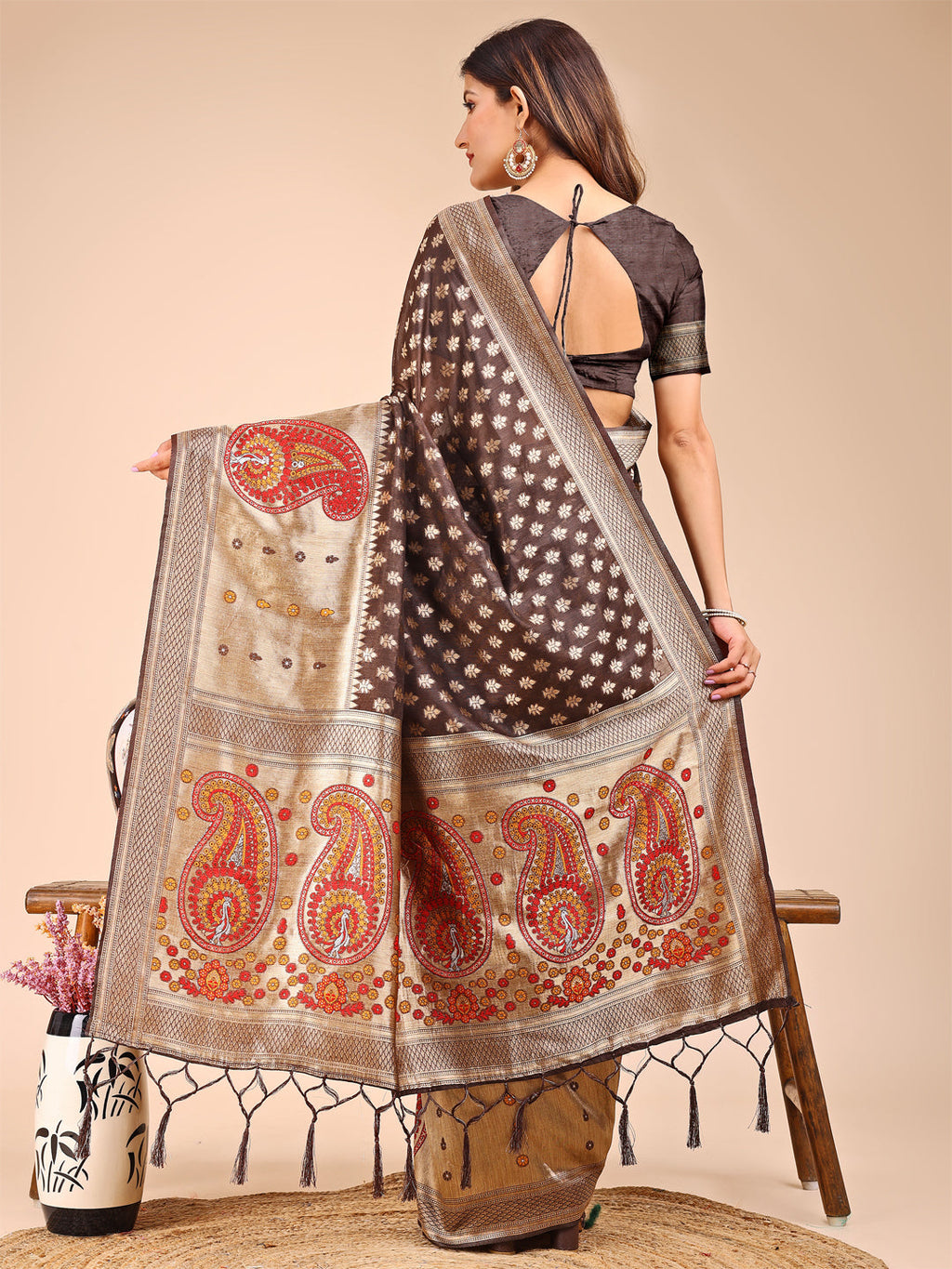 Shree Shyam Fashion Grace in Every Thread - Brown & Beige Linen Cotton Saree with Royal Paisley Charm | Grocsy