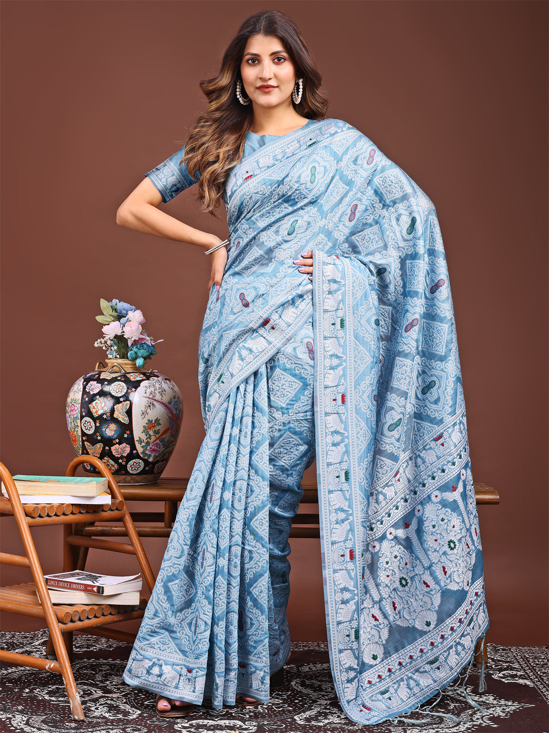 Shree Shyam Fashion Graceful Sky Blue Printed Saree - A Symphony of Culture and Feminine Charm | Grocsy