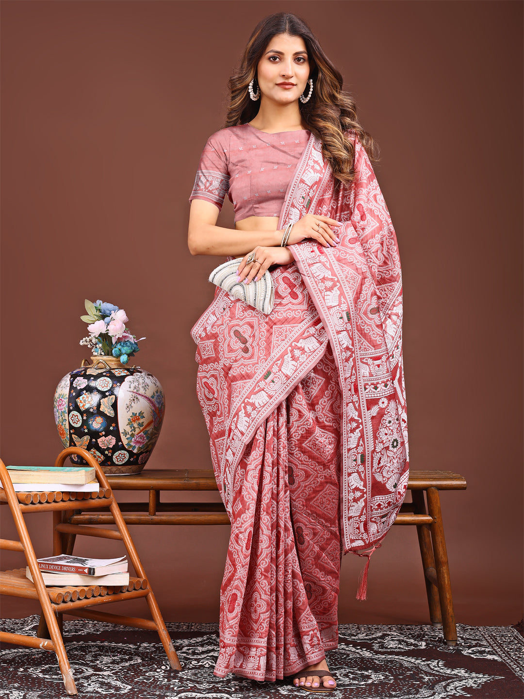 Shree Shyam Fashion Graceful Peach Printed Saree - A Symphony of Culture and Feminine Charm | Grocsy