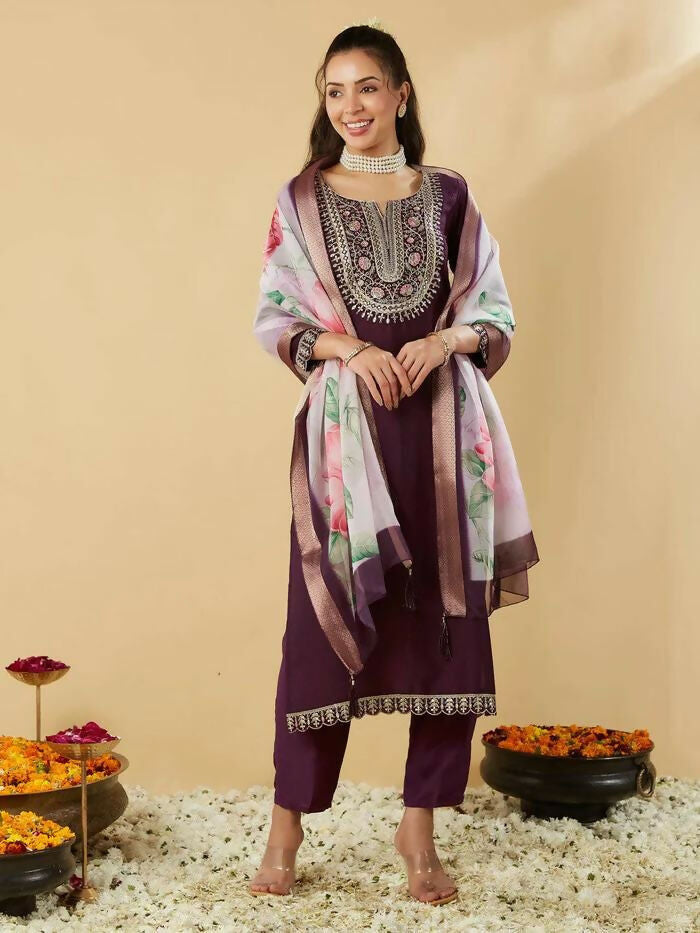 The52 Women's Beautiful Chanderi Silk Fabric Embroidery Work Straight Kurta Pant and Dupatta Set | Grocsy