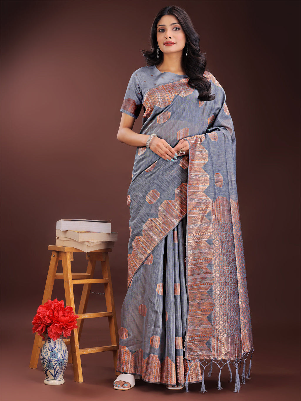 Shree Shyam Fashion Grey Linen Cotton Saree with Woven Geometric Zari Motifs - Elegant Festive Wear for Women | Grocsy