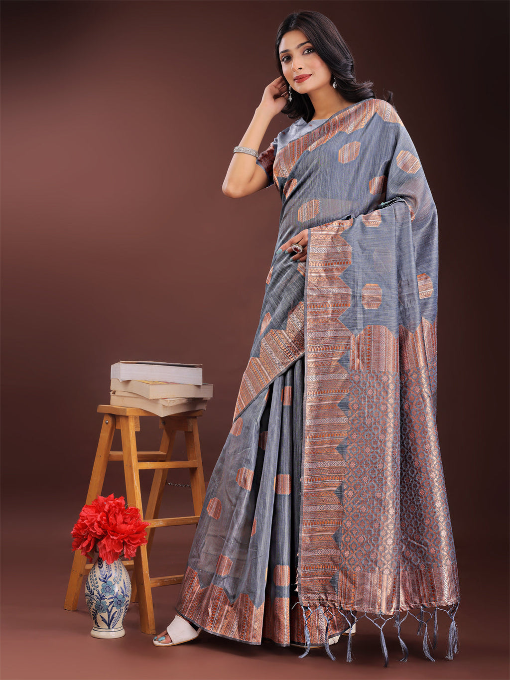 Shree Shyam Fashion Grey Linen Cotton Saree with Woven Geometric Zari Motifs - Elegant Festive Wear for Women | Grocsy