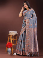 Shree Shyam Fashion Grey Linen Cotton Saree with Woven Geometric Zari Motifs - Elegant Festive Wear for Women | Grocsy