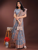 Shree Shyam Fashion Grey Linen Cotton Saree with Woven Geometric Zari Motifs - Elegant Festive Wear for Women | Grocsy